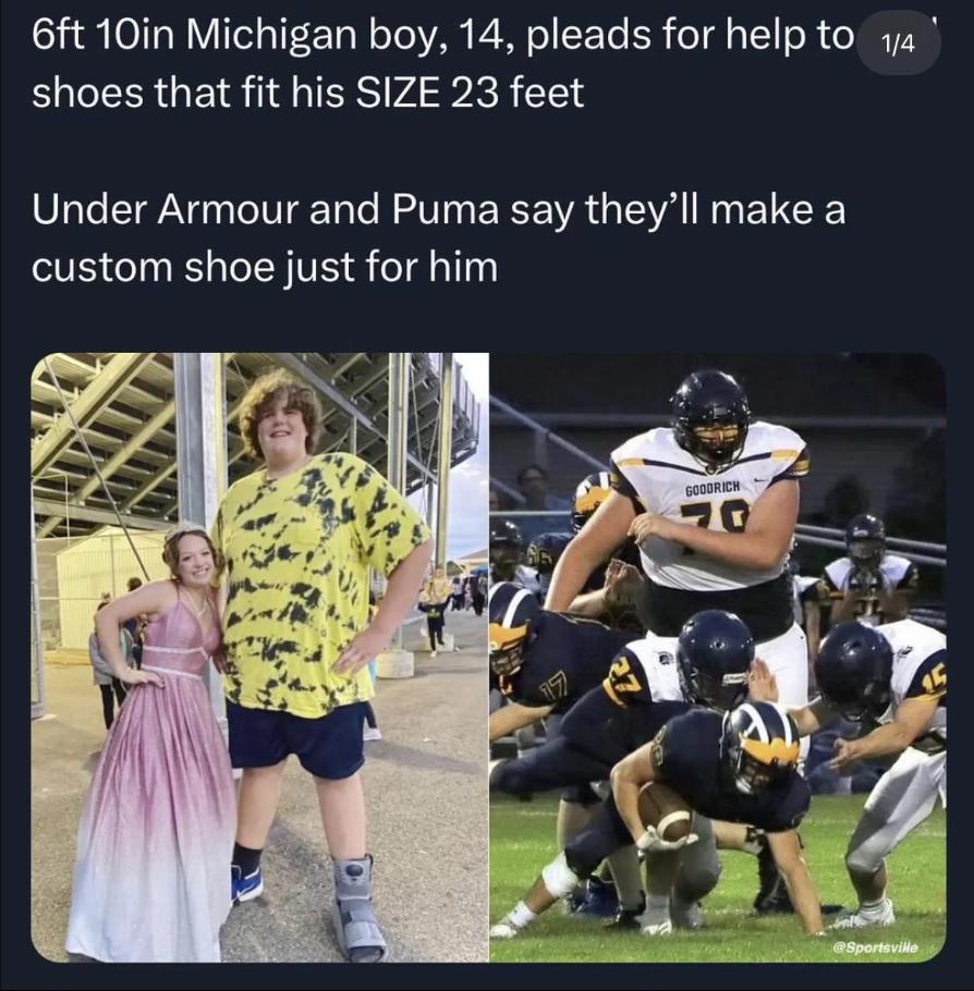 6ft 10in Michigan boy 14 pleads for help to v shoes that fit his SIZE 23 feet Under Armour and Puma say theyll make a custom shoe just for him