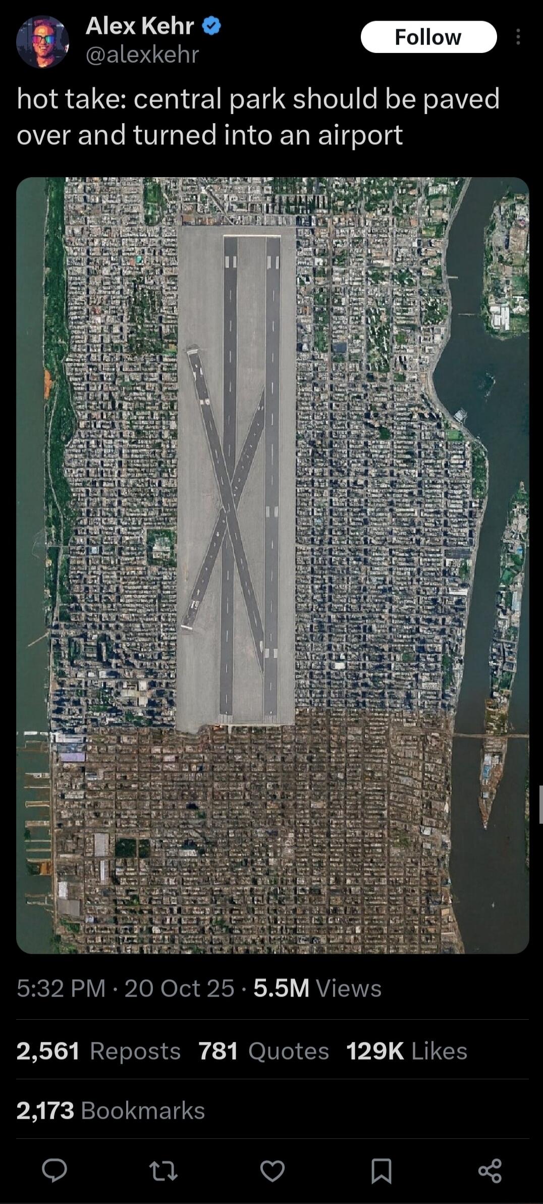 Alex Kehr @alexkehr hot take: central park should be paved over and turned into an airport