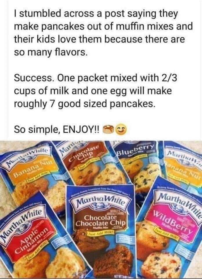 stumbled across a post saying they make pancakes out of muffin mixes and their kids love them because there are so many flavors Success One packet mixed with 23 cups of milk and one egg will make roughly 7 good sized pancakes So simple ENJOY 8025