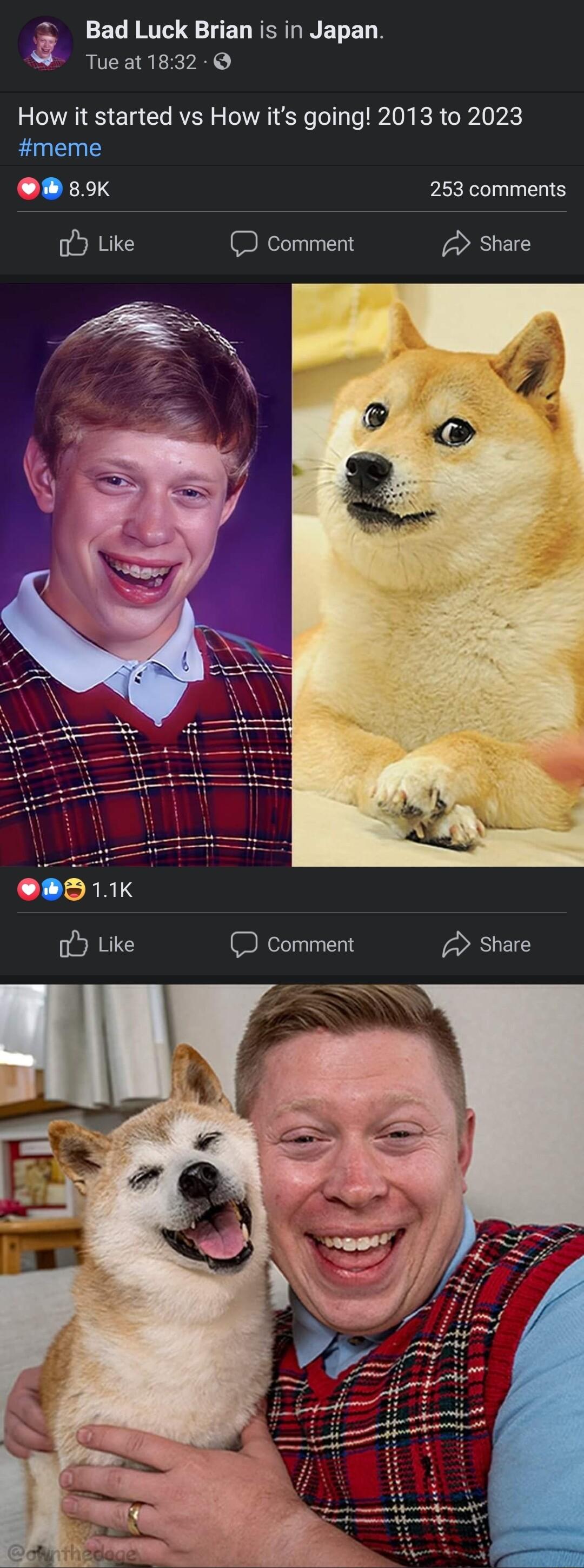 Bad Luck Brian is in Japan reasn 0 How it started vs How its going 2013 to 2023 meme LLEETS 253 comments o Like D Comment Share