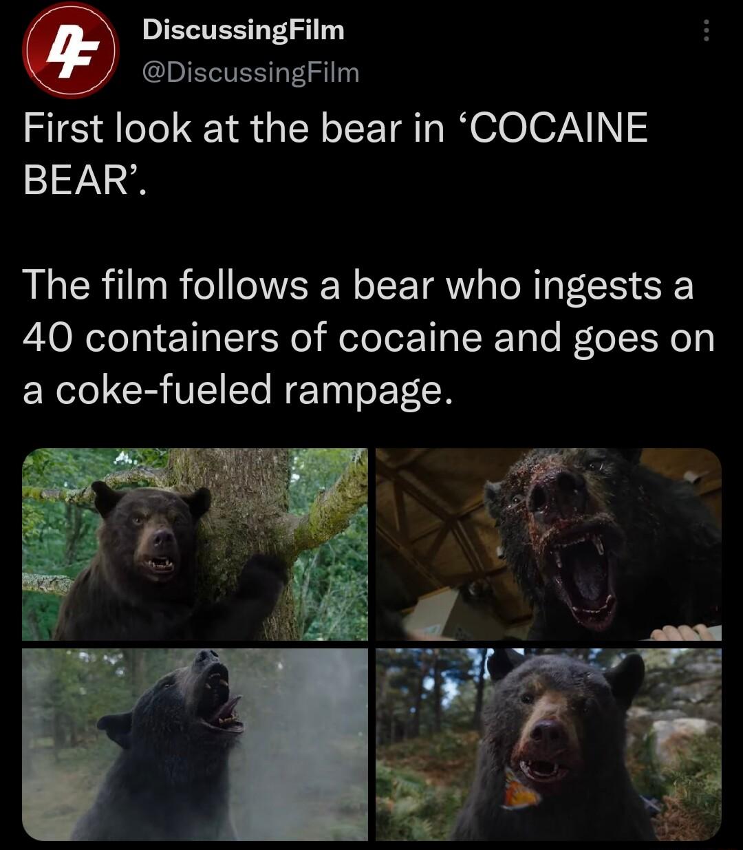 DiscussingFilm DiscussingFilm First look at the bear in COCAINE BEAR The film follows a bear who ingests a 40 containers of cocaine and goes on EX L CRTEI E RET o CN