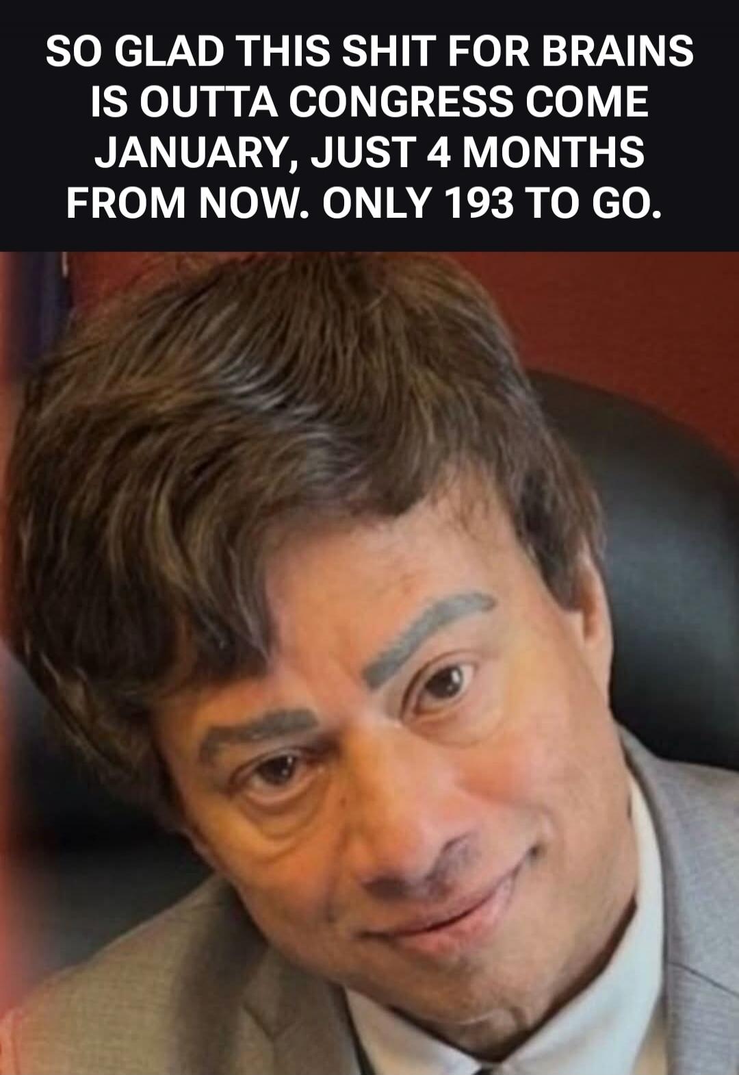 SO GLAD THIS SHIT FOR BRAINS IS OUTTA CONGRESS COME JANUARY, JUST 4 MONTHS FROM NOW. ONLY 193 TO GO.