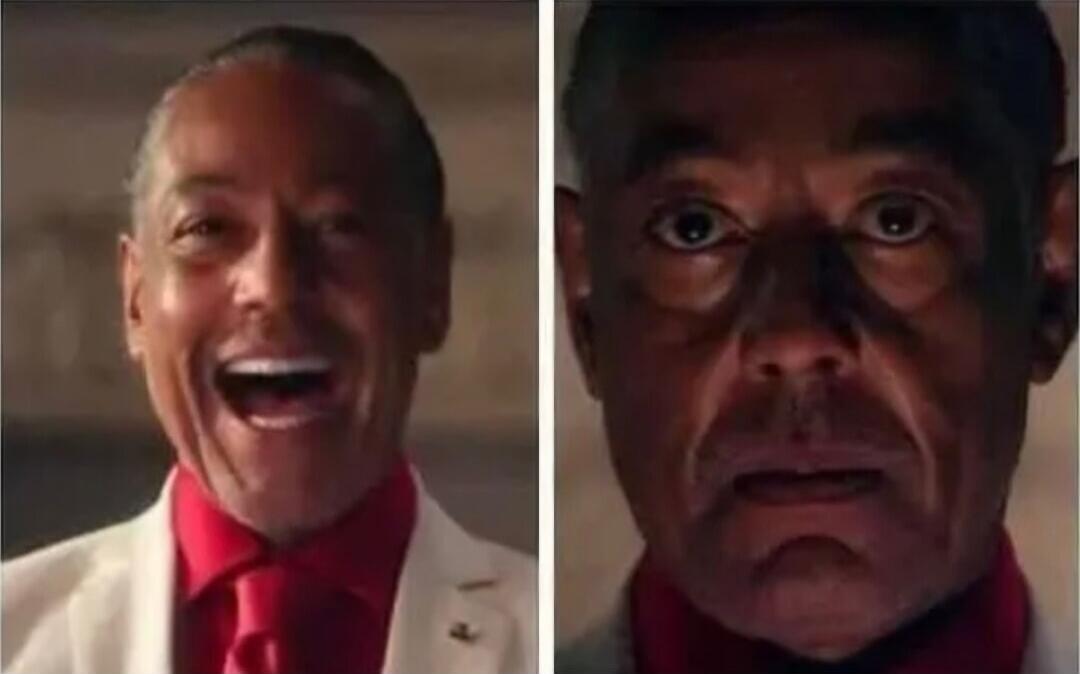 A man laughing heartily on the left, and the same man looking shocked and wide-eyed on the right. This is a popular meme format.