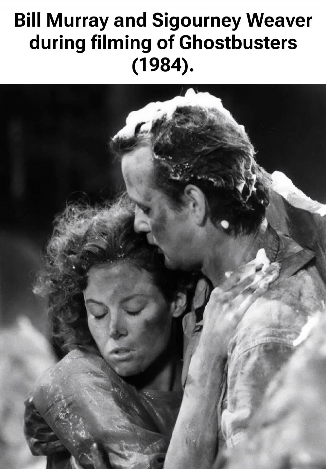 Bill Murray and Sigourney Weaver during filming of Ghostbusters (1984).