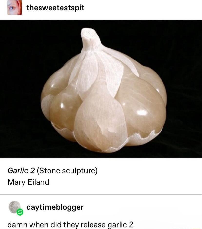 thesweetestspit Garlic 2 Stone sculpture Mary Eiland daytimeblogger damn when did they release garlic 2