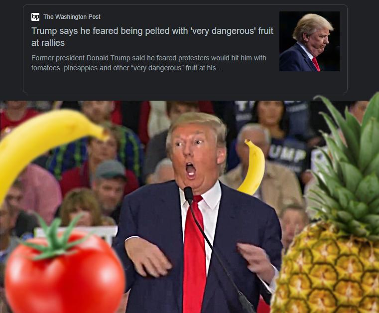 The Washington Post Trump says he feared being pelted with very dangerous fruit EElES Former president Donald Trump said he feared protesters would hit him with tomatoes pineapples and other very dangerous fruit at his