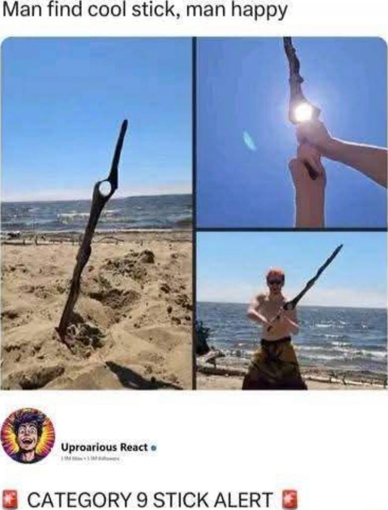 Man find cool stick, man happy
CATEGORY 9 STICK ALERT