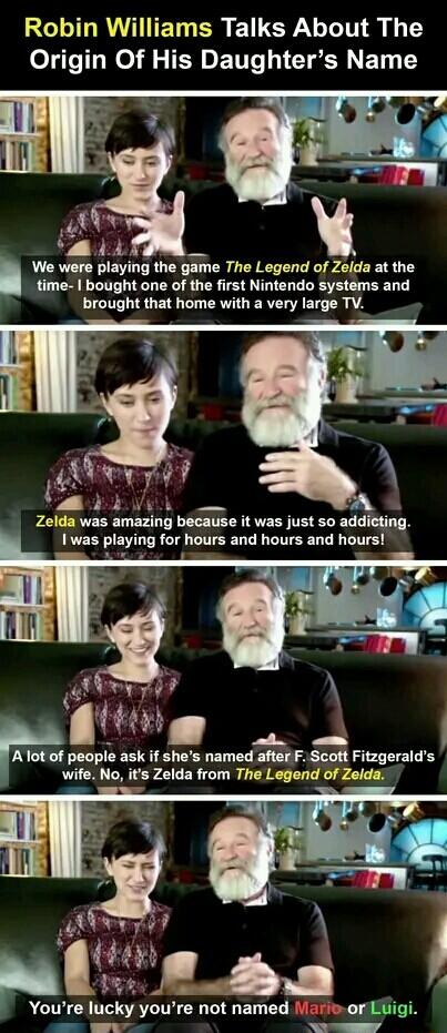 GULTLRVIETGERETL R TN A Origin Of His Daughters Name We were playing the game The Legend of Zelda at the time bought one of the first Nintendo systems and brought that home with a very large TV Zelda was amazing because it was just 5o addieting g for hours and hours and hours lm of people ask if shes named after F Scott Fitzgeralds wife No its Zelda from The Legend of Zelda lucky youre not named y