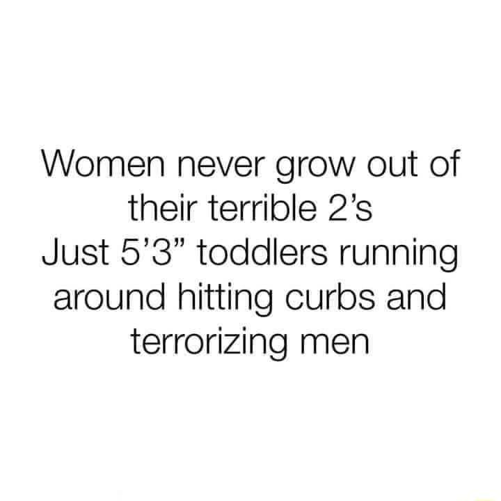 Women never grow out of their terrible 2s Just 53 toddlers running around hitting curbs and terrorizing men