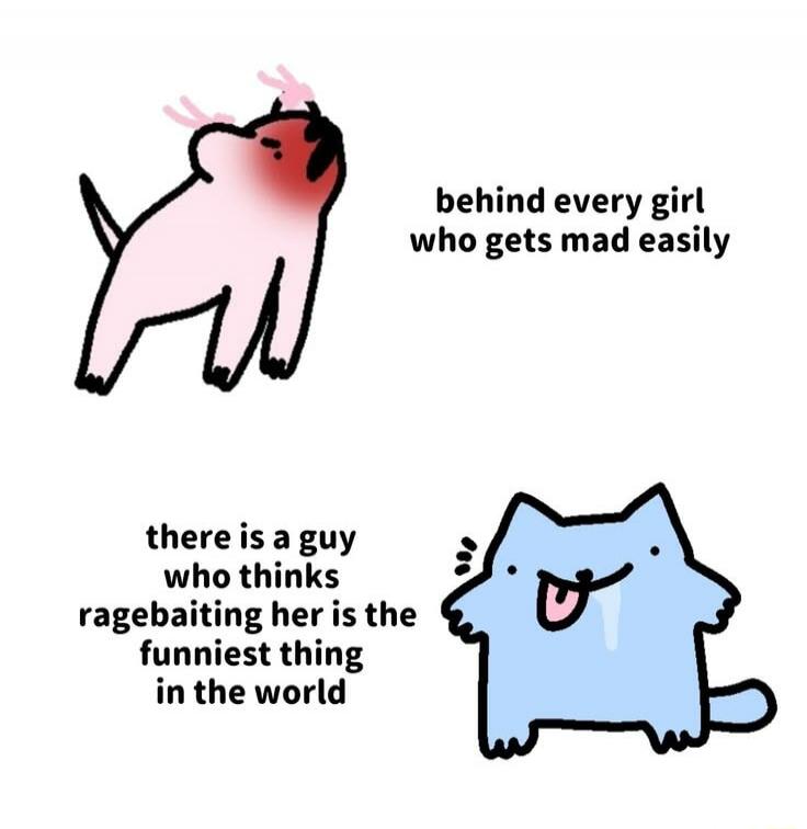 behind every girl who gets mad easily there is a guy who thinks ragebaiting her is the funniest thing in the world