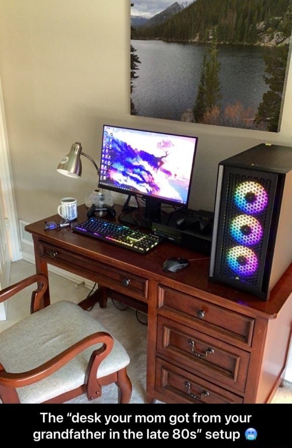 The desk your mom got from your grandfather in the late 80s setup