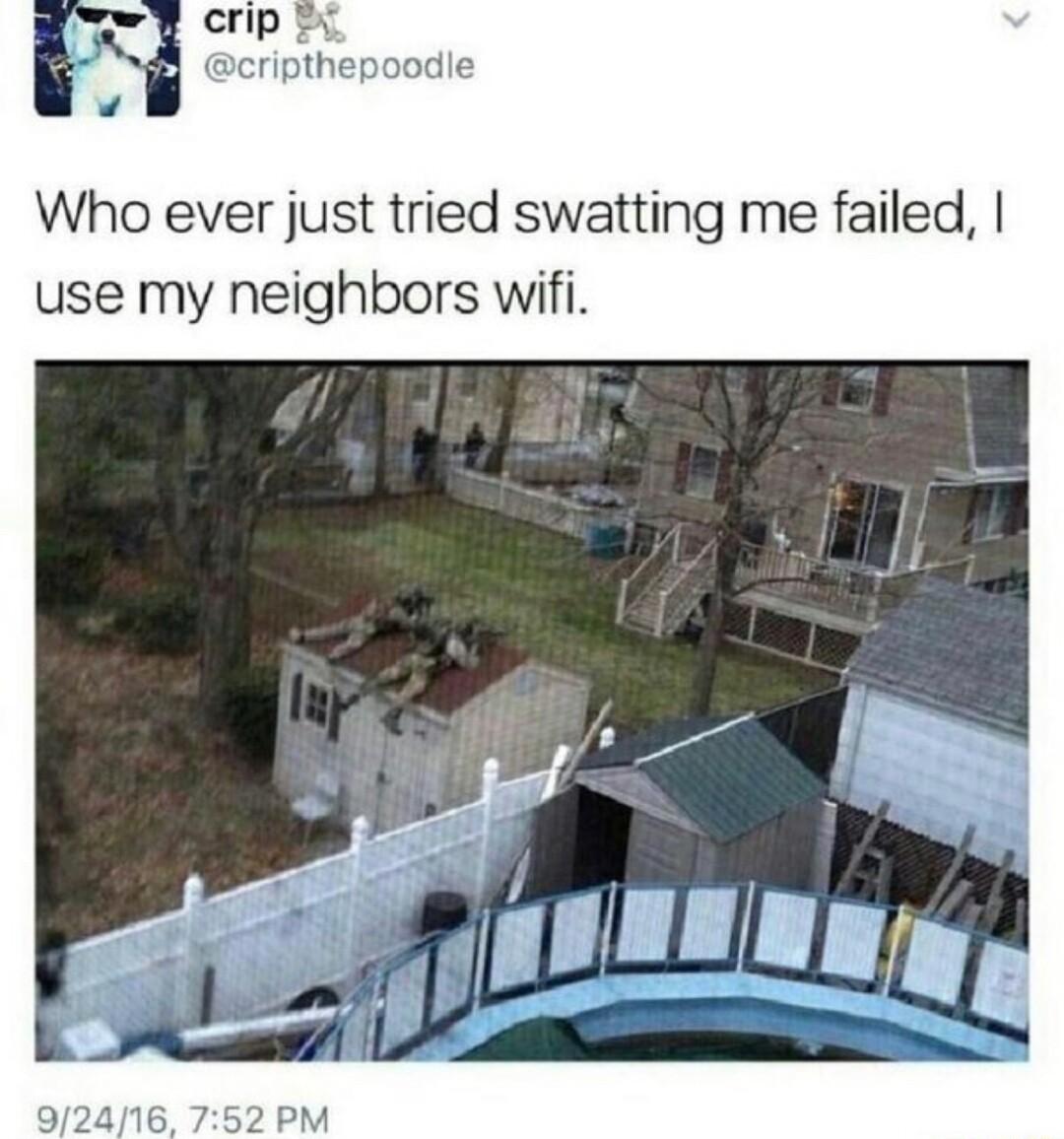 ripthepoodie Who ever just tried swatting me failed use my neighbors wifi