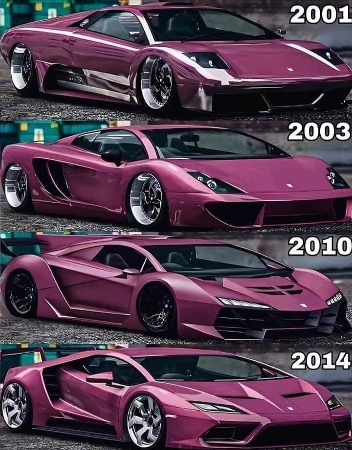 Four purple sports cars are shown, each with a year: 2001, 2003, 2010, 2014. The cars appear to be custom or concept versions, showcasing design evolution.