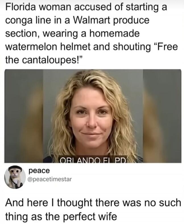 Florida woman accused of starting a conga line in a Walmart produce section, wearing a homemade watermelon helmet and shouting 