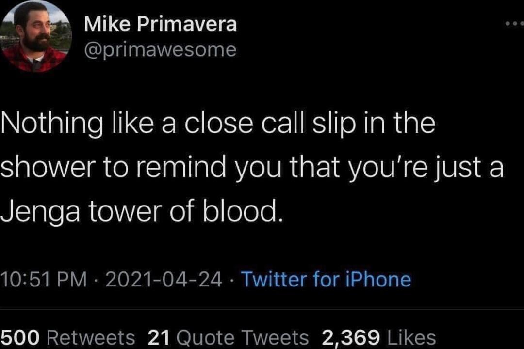 WU primawesome Nothing like a close call slip in the shower to remind you that youre just a Jenga tower of blood 1051 PM 2021 04 24 Twitter for iPhone 500 Retweets 21 Quote Tweets 2369 Likes