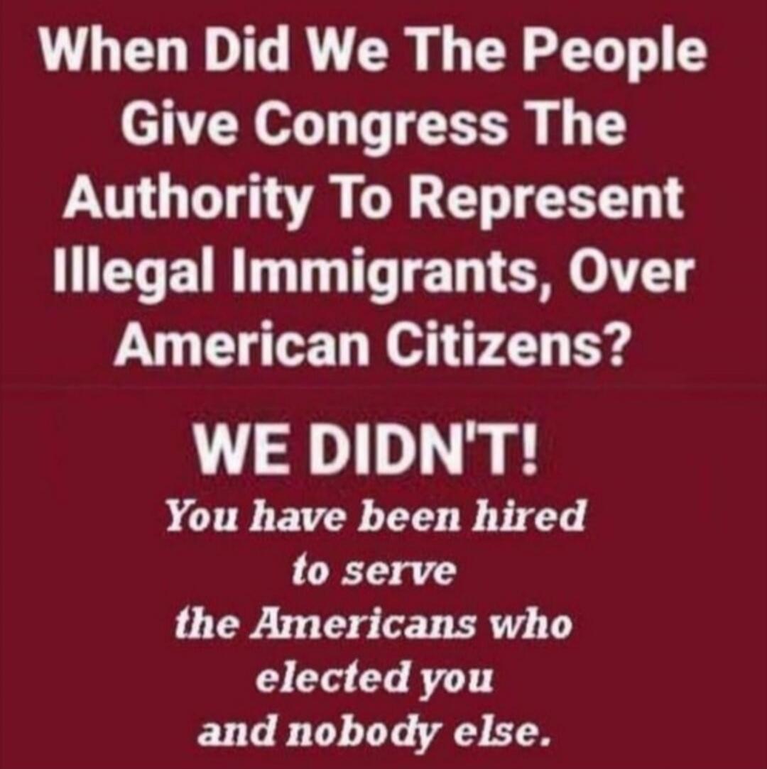 When Did We The People Give Congress The Authority To Represent Illegal Immigrants, Over American Citizens? WE DIDN'T! You have been hired to serve the Americans who elected you and nobody else.