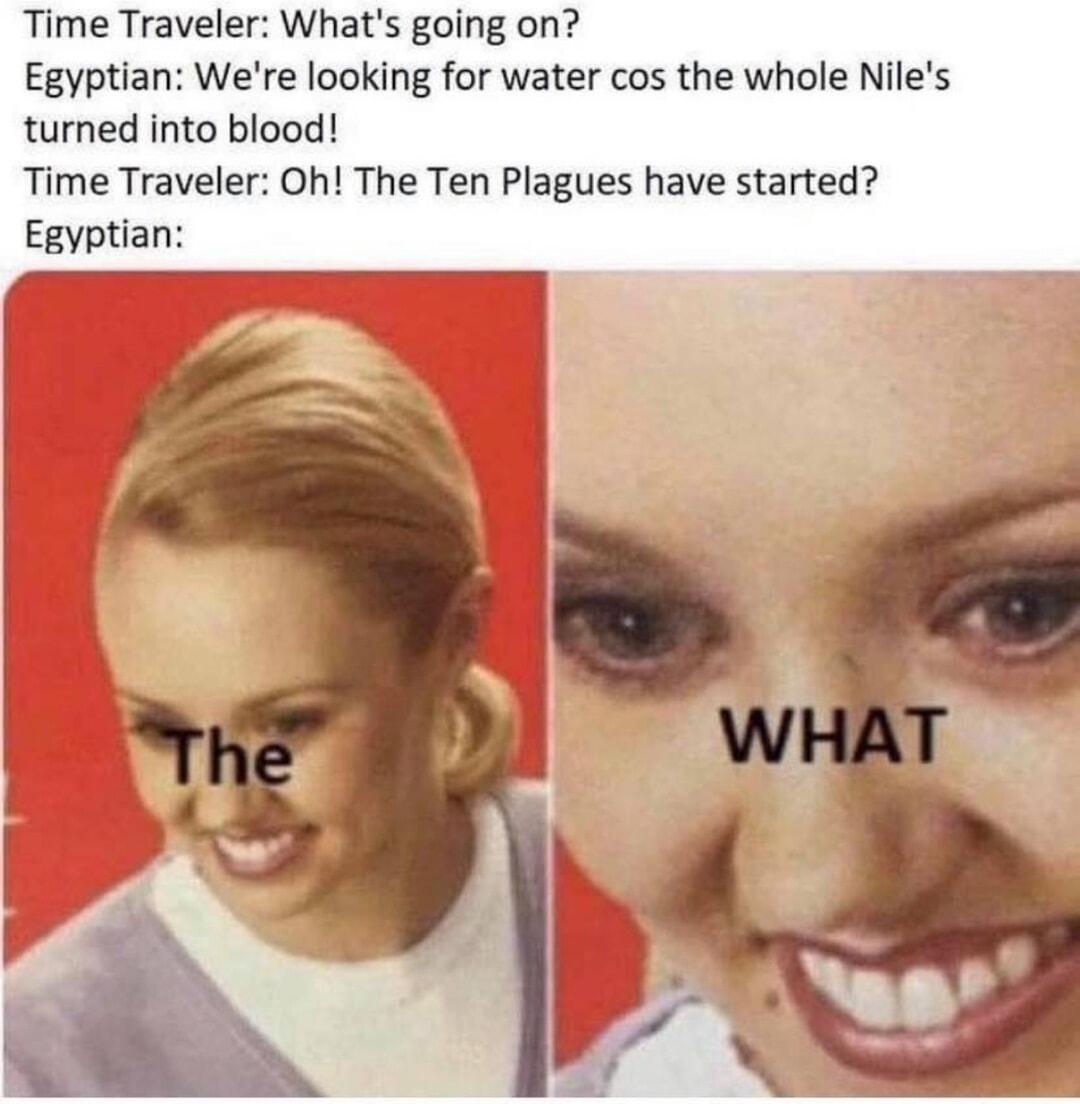 Time Traveler Whats going on Egyptian Were looking for water cos the whole Niles turned into blood Time Traveler Oh The Ten Plagues have started Egyptian