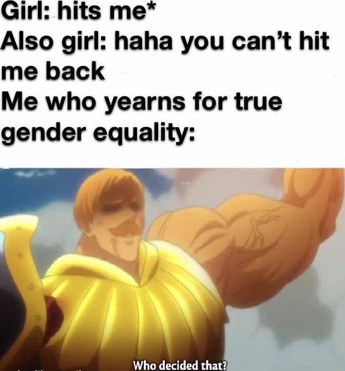 Girl hits me Also girl haha you cant hit me back Me who yearns for true gender equality Who decided that