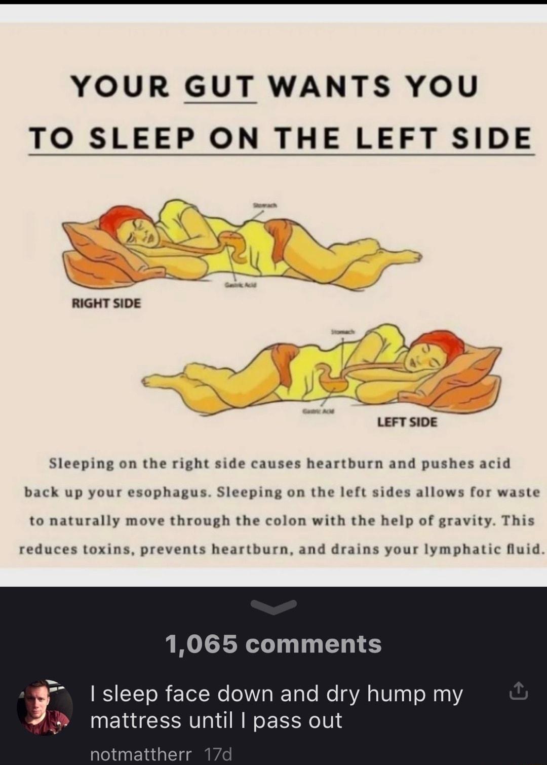 YOUR GUT WANTS YOU TO SLEEP ON THE LEFT SIDE w RIGHT SIDE Lerrsioe Sleeping on the right side causes heartburn and pushes acid back up your esophagus Slecping on the left sides allows for waste to naturally move through the colon with the help of gravity This reduces toxins prevents heartburn and drains your lymphatic fluid 1065 comments I sleep face down and dry hump my mattress until pass out