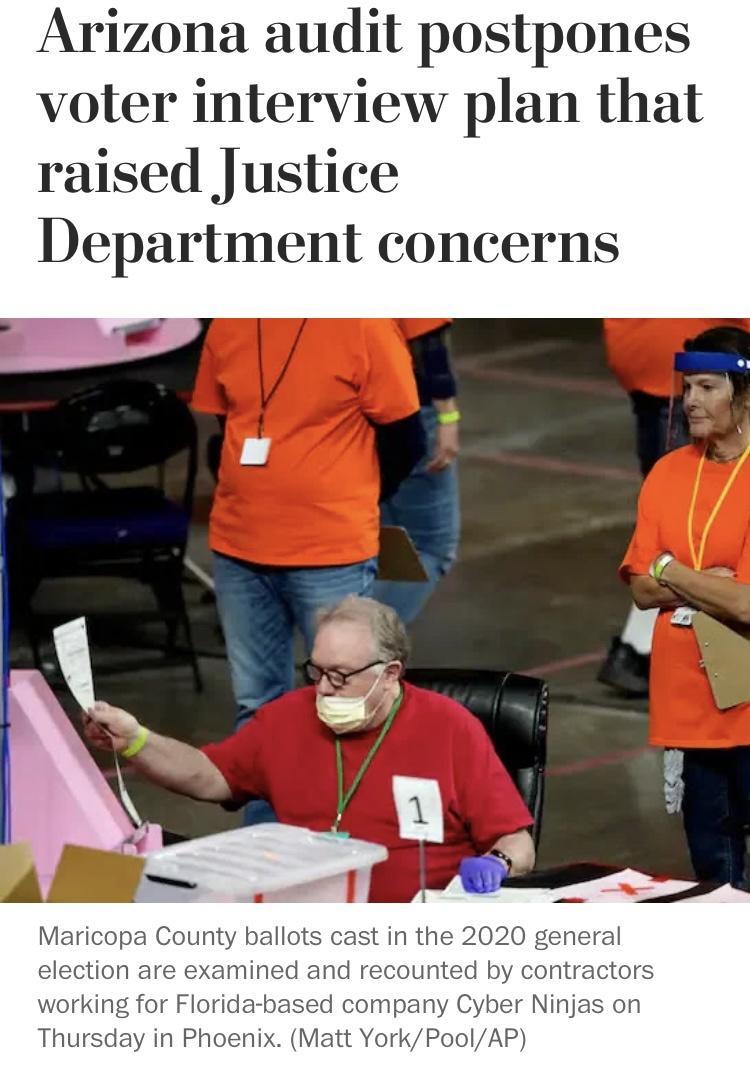 Arizona audit postpones voter interview plan that raised Justice Department concerns Maricopa County ballots cast in the 2020 general election are examined and recounted by contractors working for Florida based company Cyber Ninjas on Thursday in Phoenix Matt YorkPoolAP