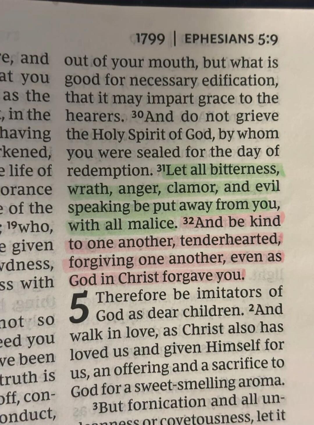 out of your mouth, but what is good for necessary edification, that it may impart grace to the hearers. And do not grieve the Holy Spirit of God, by whom you were sealed for the day of redemption. Let all bitterness, wrath, anger, clamor, and evil speaking be put away from you, with all malice. And be kind to one another, tenderhearted, forgiving o
