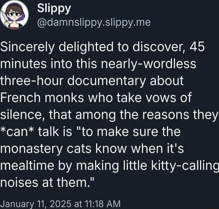 Slippy LEINIa S Toe A eTo AN Sincerely delighted to discover 45 minutes into this nearly wordless T aTo10 o oTelyaTTal T g VA o011 French monks who take vows of silence that among the reasons they ReET Il 1 T N EV GRSV R monastery cats know when its mealtime by making little kitty calling noises at them January 11 2025 at 1118 AM