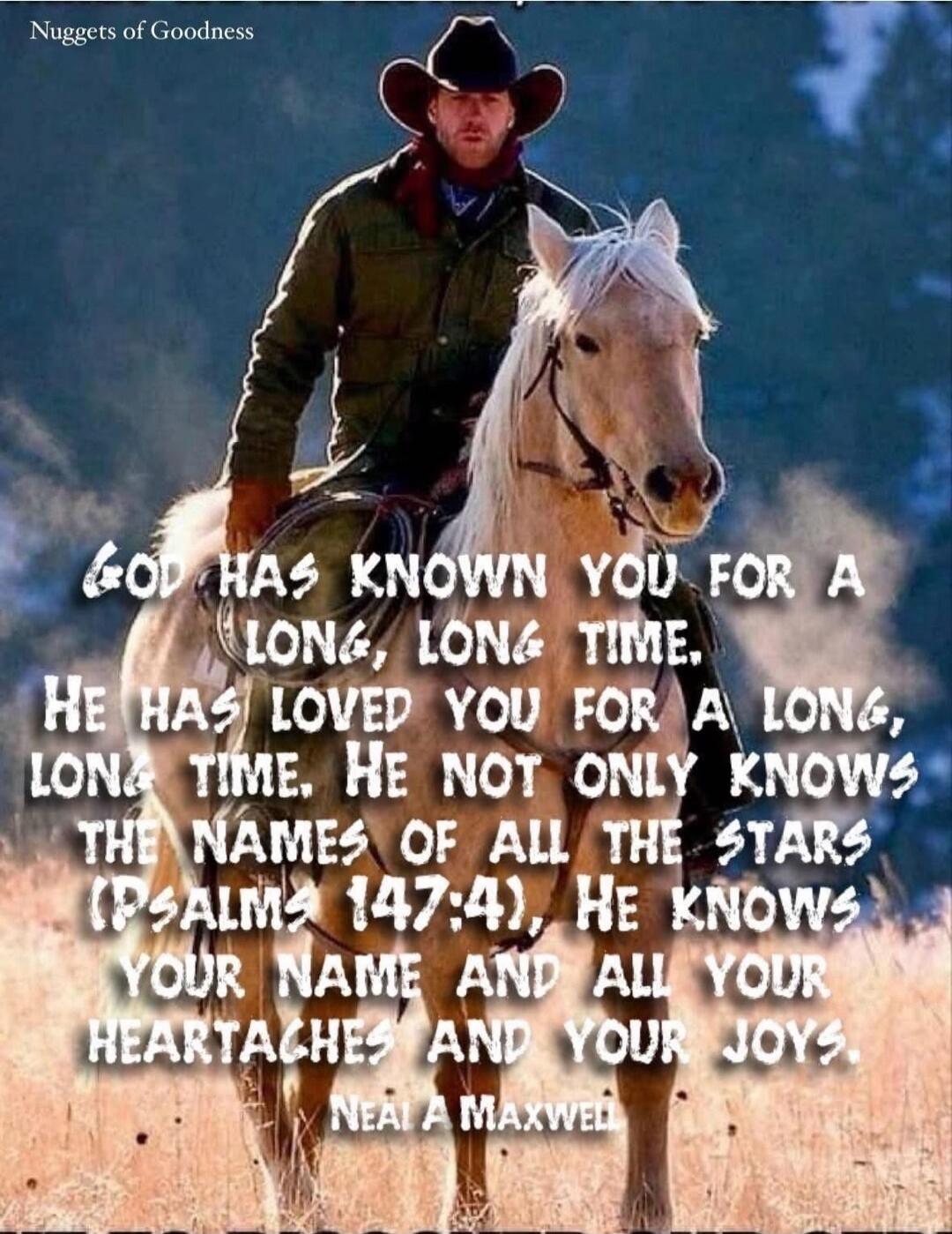Nuggets of Goodness
GOD HAS KNOWN YOU FOR A LONG, LONG TIME. HE HAS LOVED YOU FOR A LONG, LONG TIME. HE NOT ONLY KNOWS THE NAMES OF ALL THE STARS (PSALM 147:4), HE KNOWS YOUR NAME AND ALL YOUR HEARTACHES AND YOUR JOYS.
