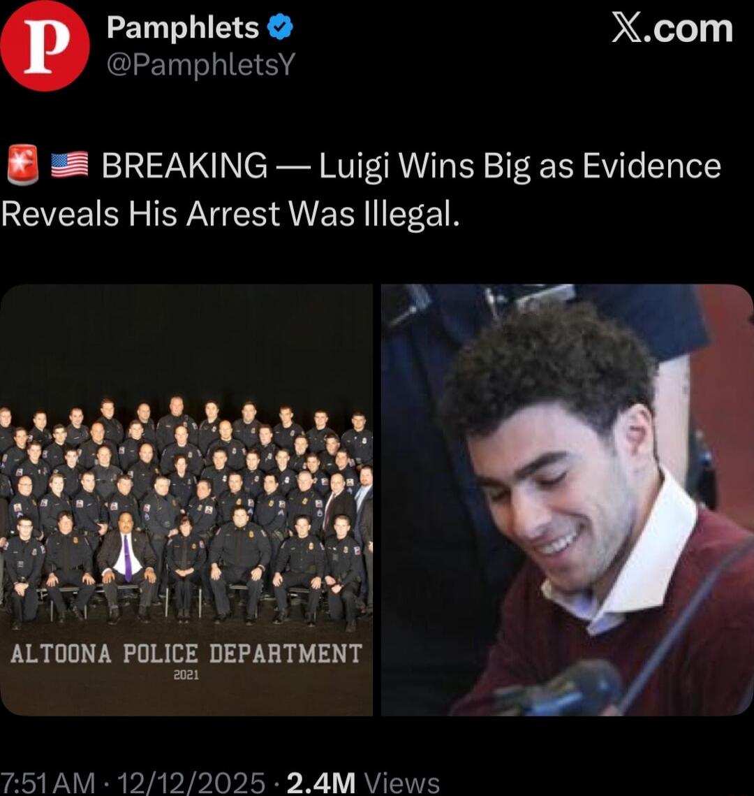 BREAKING — Luigi Wins Big as Evidence Reveals His Arrest Was Illegal. [Left image: ALTOONA POLICE DEPARTMENT 2021] [Right image: a smiling man labeled Luigi]