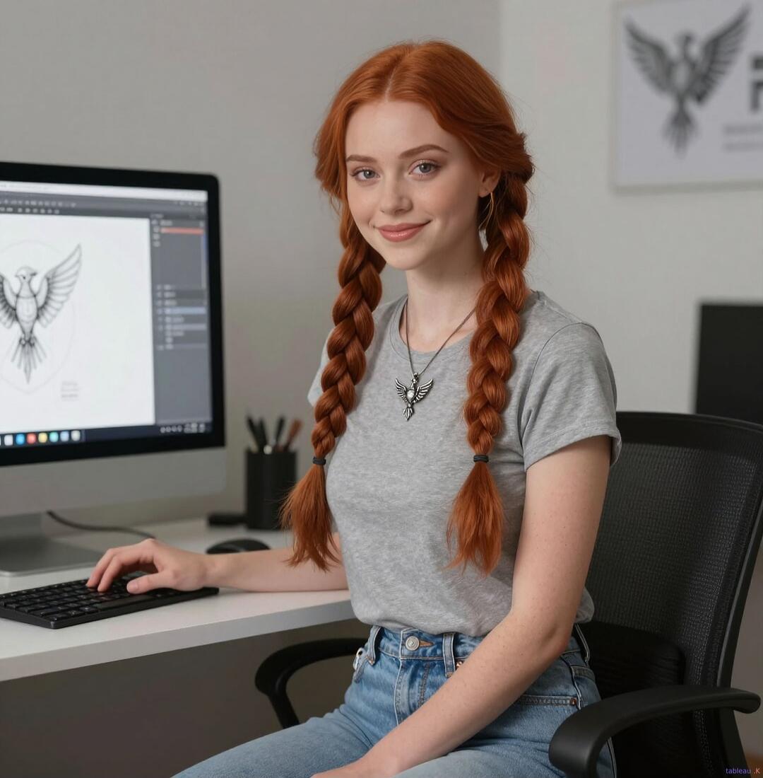 A young woman with red hair in braids is sitting at a desk in front of a computer. She is wearing a grey t-shirt and blue jeans. The computer screen shows a design of a bird. The woman is smiling and looking at the camera.