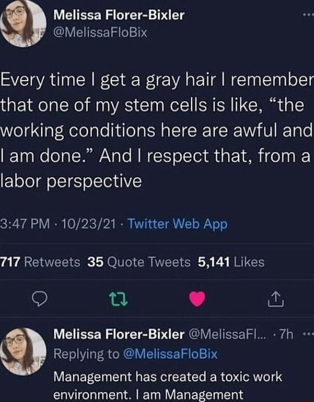 Melissa Florer Bixler CIVEIEEEI 1 Every time get a gray hair remember that one of my stem cells is like the working conditions here are awful and am done And respect that from a labor perspective 347 PM 102321 Twitter Web App 717 Retweets 35 Quote Tweets 5141 Likes n L Melissa Florer Bixler VelissaFl 7h Replying to MelissaFloBix Management has created a toxic work environment am Management