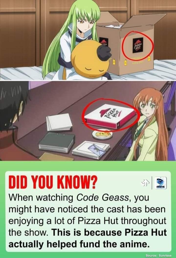 DID YOU KNOW When watching Code Geass you might have noticed the cast has been enjoying a lot of Pizza Hut throughout the show This is because Pizza Hut actually helped fund the anime