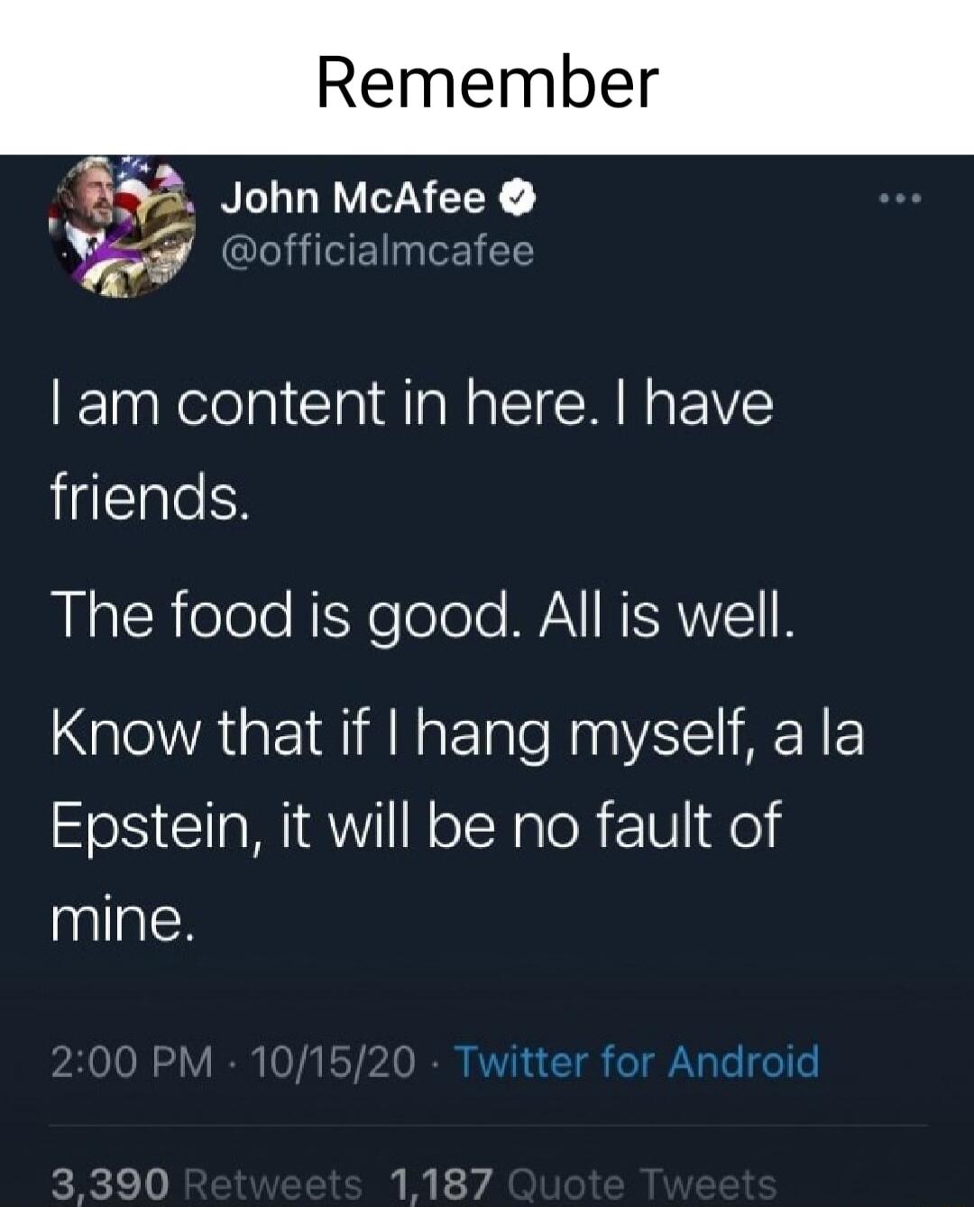 Remember 4 5 John McAfee y officialmcafee am content in here have friends RNaCh oleloNTYe olele VAVINISANVEIIR Know that if I hang myself a la Epstein it will be no fault of mine 3390 1187