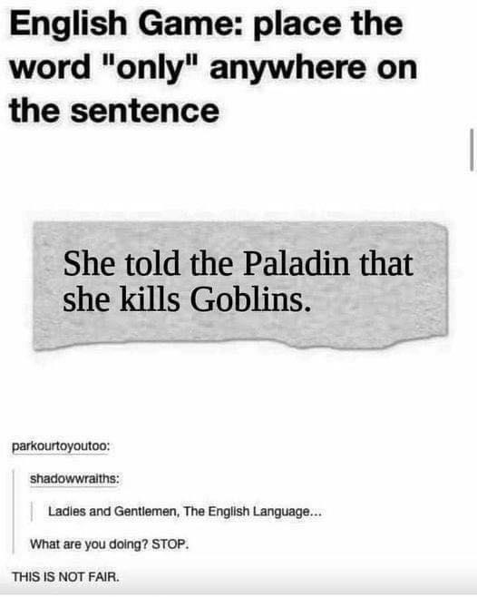 English Game place the word only anywhere on the sentence She told the Paladin that she kills Goblins parkourtoyoutoo shadowwraiths Ladles and Gentlemen The English Language What are you doing STOP THIS IS NOT FAIR