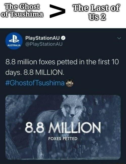 e hest L i E PlayStationAU 88 million foxes petted in the first 10 days 88 MILLION ushima e Lt 8 8 M1ED ON FOXES b 4
