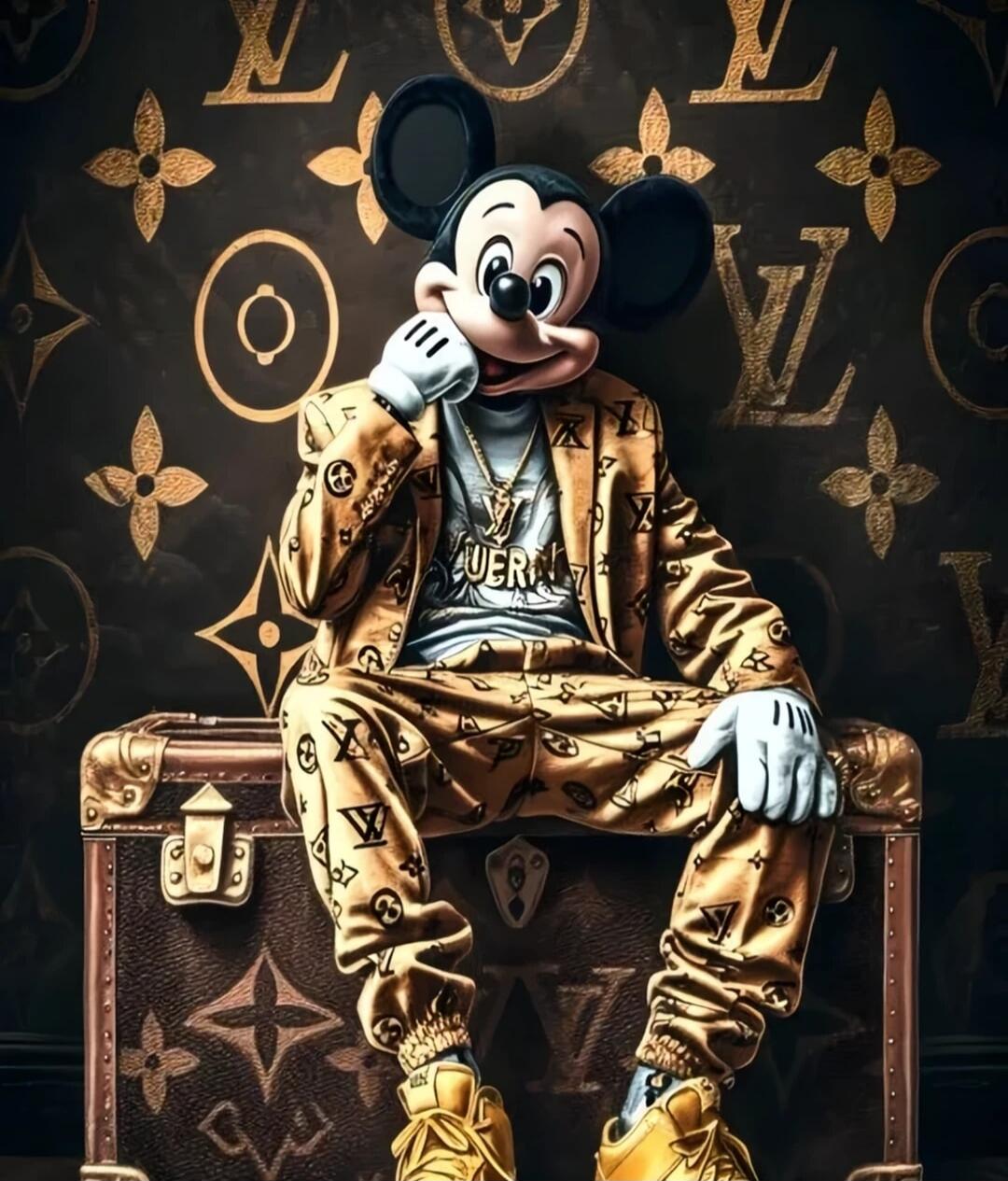 Mickey Mouse wearing a gold Louis Vuitton suit, sitting on a Louis Vuitton trunk against a LV monogram background.