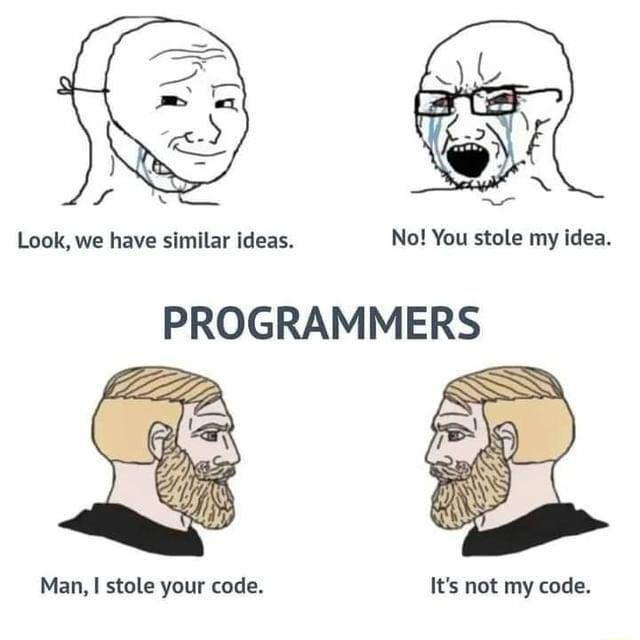 Look we have similar ideas No You stole my idea PROGRAMMERS Man stole your code Its not my code