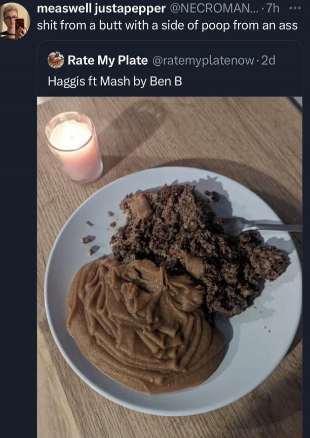 shit from a butt with a side of poop from an ass
Rate My Plate @ratemyplatenow • 2d
Haggis ft Mash by Ben B