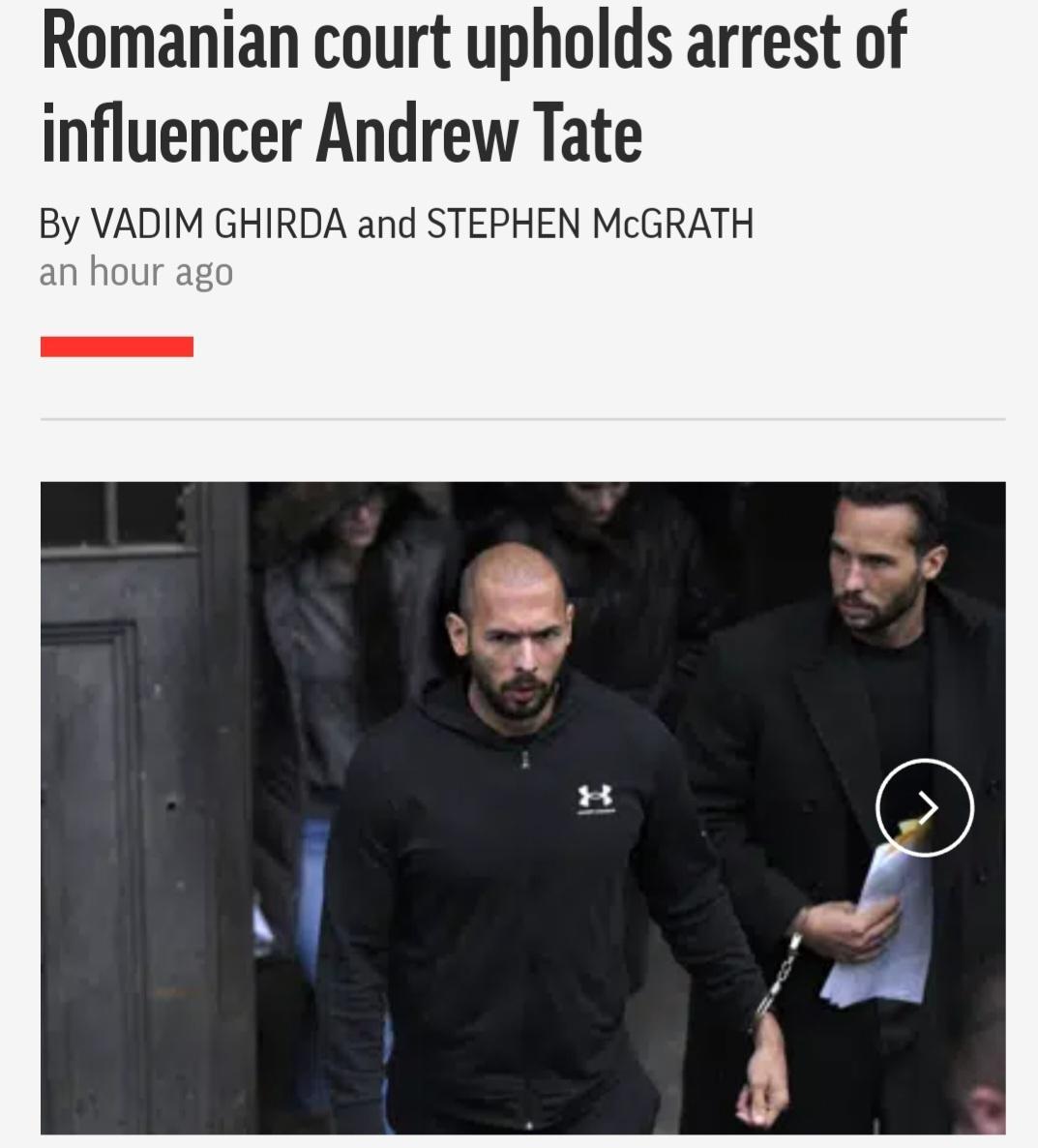 Romanian court upholds arrest of influencer Andrew Tate By VADIM GHIRDA and STEPHEN McGRATH