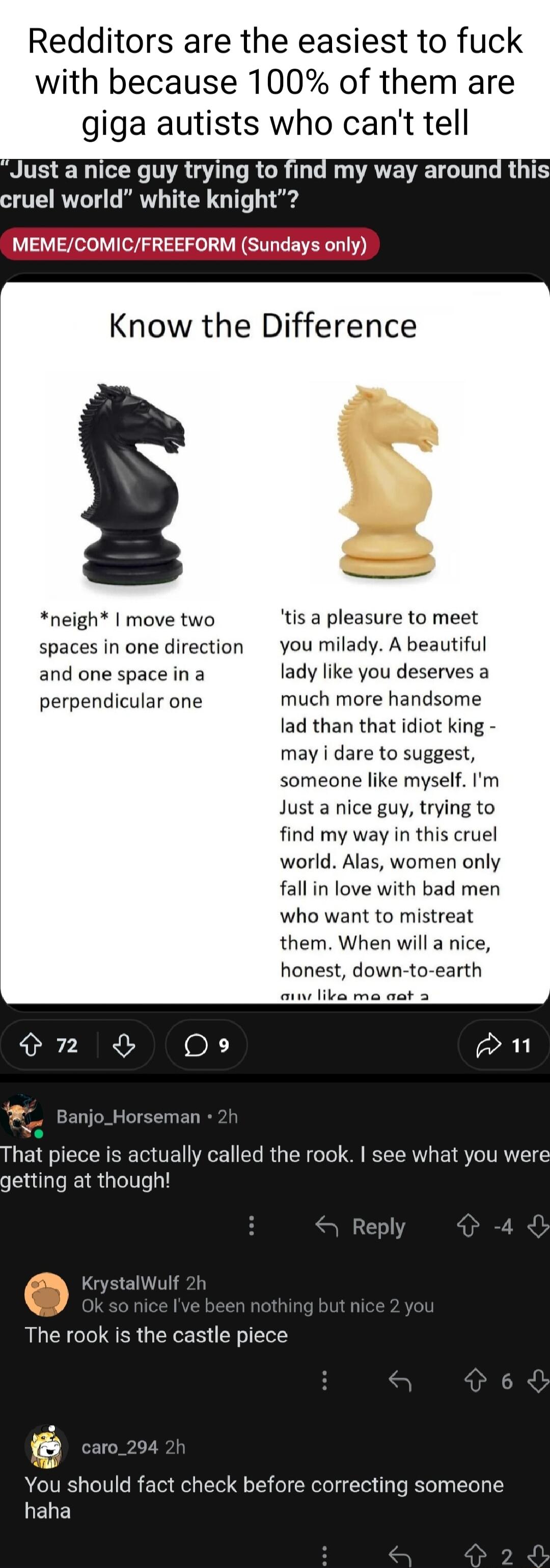 Redditors are the easiest to fuck with because 100 of them are giga autists who cant tell Just a nice guy trying to find my way around this ruel world white knight MEME Know the Difference neigh move two tis a pleasure to meet spaces in one direction you milady A beautiful and one space in a lady like you deserves a perpendicular one much more handsome lad than that idiot king may i dare to sugges