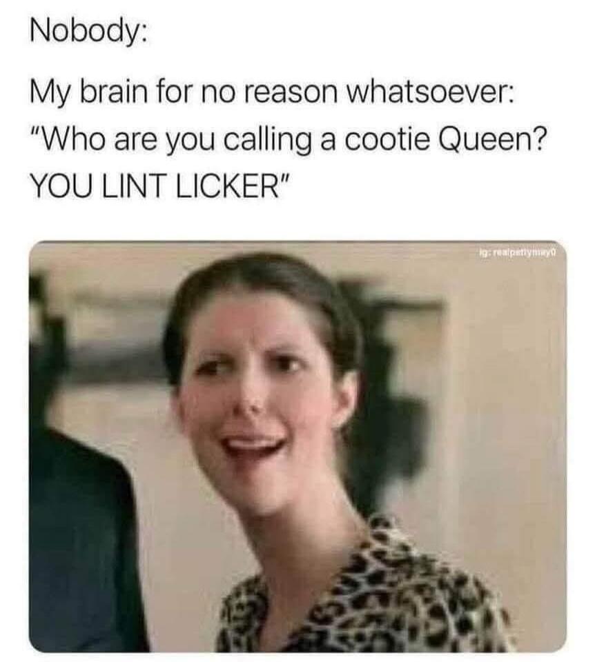 Nobody:

My brain for no reason whatsoever:
“Who are you calling a cootie Queen?
YOU LINT LICKER”