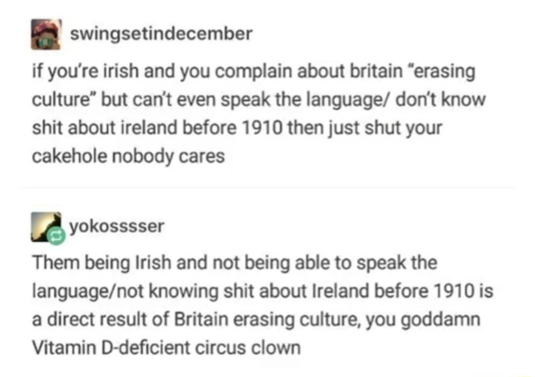 B swingsetindecember if youre irish and you complain about britain erasing culture but cant even speak the language dont know shit about ireland before 1910 then just shut your cakehole nobody cares nyokosssw Them being Irish and not being able to speak the languagenot knowing shit about Ireland before 1910 is adirect result of Britain erasing culture you goddamn Vitamin D deficient circus clown