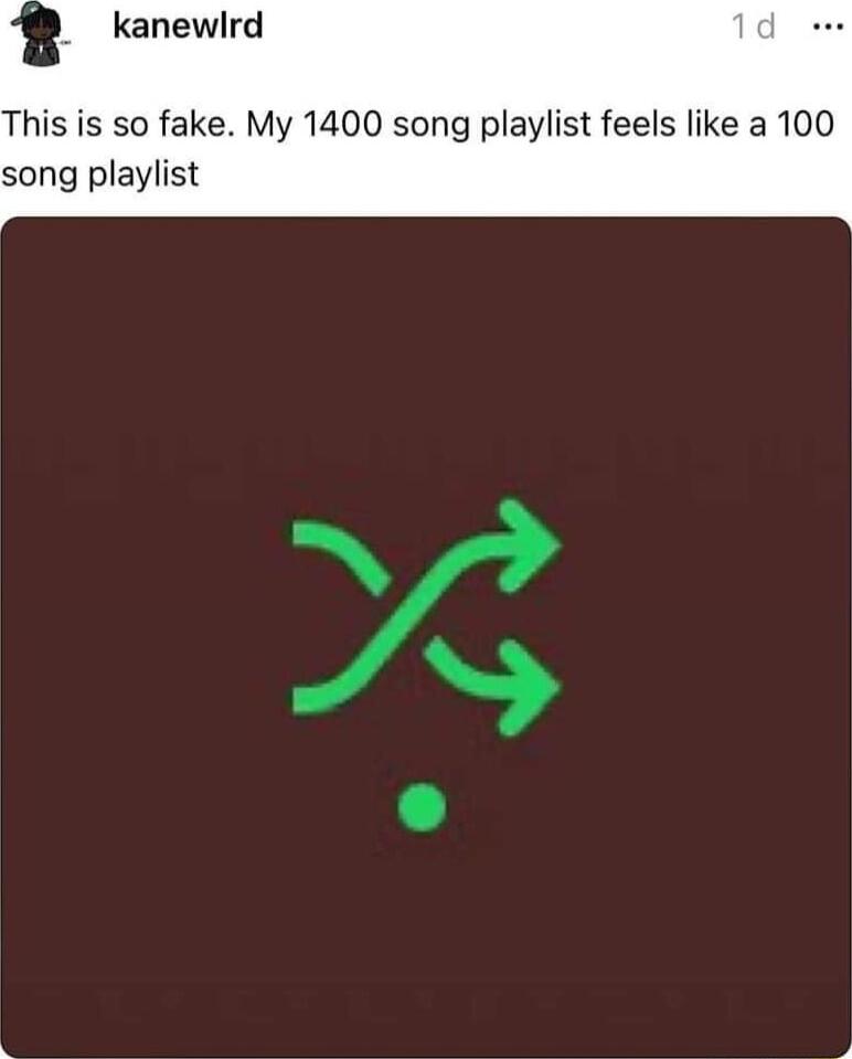 kanewlrd This is so fake My 1400 song playlist feels like a 100 song playlist