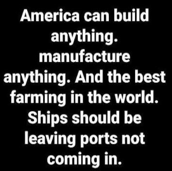 America can build anything. manufacture anything. And the best farming in the world. Ships should be leaving ports not coming in.