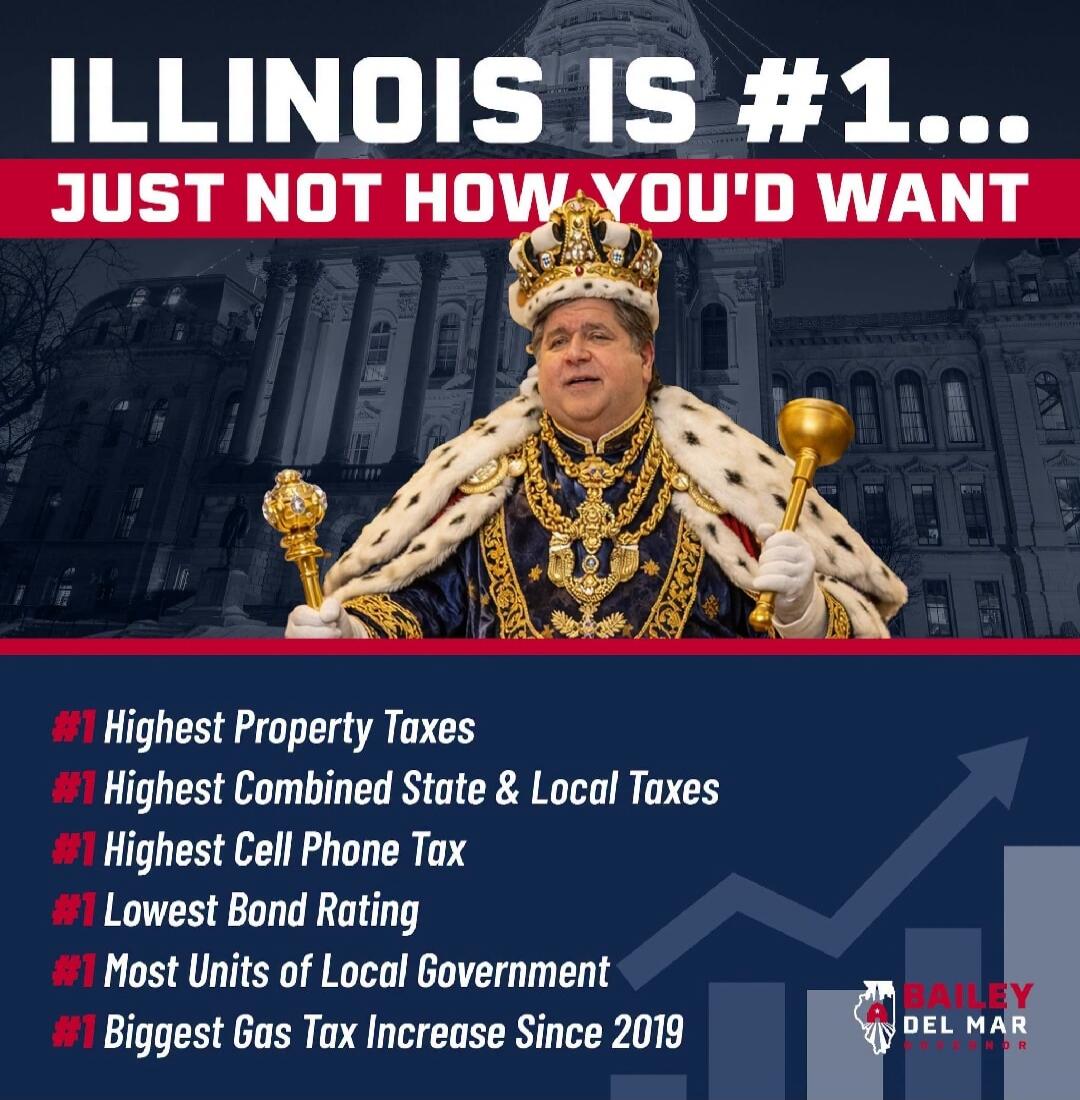 ILLINOIS IS #1... JUST NOT HOW YOU'D WANT. #1 Highest Property Taxes. #1 Highest Combined State & Local Taxes. #1 Highest Cell Phone Tax. #1 Lowest Bond Rating. #1 Most Units of Local Government. #1 Biggest Gas Tax Increase Since 2019. Bailey Del Mar Governor.