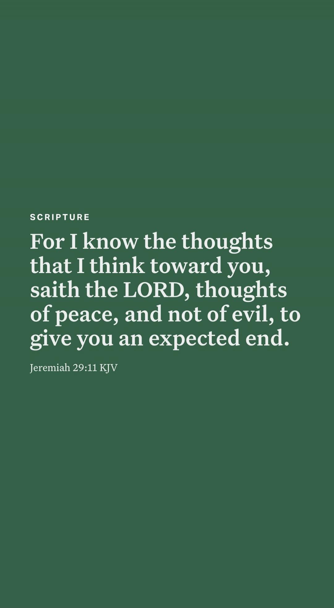 For I know the thoughts that I think toward you, saith the LORD, thoughts of peace, and not of evil, to give you an expected end. Jeremiah 29:11 KJV