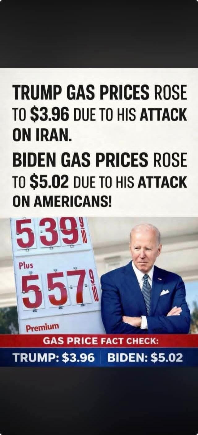 TRUMP GAS PRICES ROSE TO $3.96 DUE TO HIS ATTACK ON IRAN. BIDEN GAS PRICES ROSE TO $5.02 DUE TO HIS ATTACK ON AMERICANS! Gas prices shown are 5.39 9/10 for regular and 5.57 9/10 for premium. GAS PRICE FACT CHECK: TRUMP: $3.96 BIDEN: $5.02