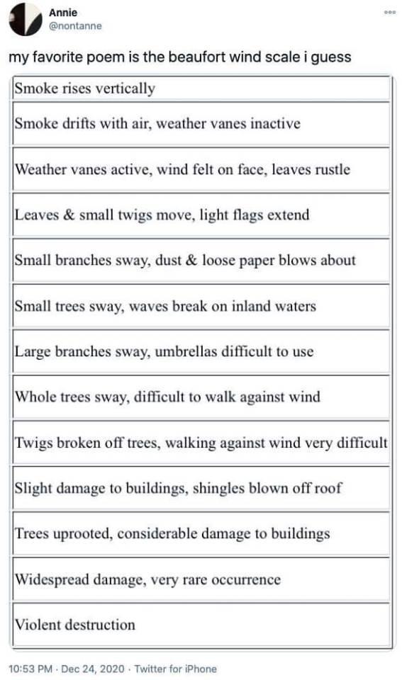 Annie nontanne my favorite poem is the beaufort wind scale i guess Smoke rises vertically Smoke drifts with air weather vanes inactive Weather vanes active wind felt on face leaves rustle Leaves small twigs move light flags extend Small branches sway dust loose paper blows about Small trees sway waves break on inland waters Large branches sway umbrellas difficult to use Whole trees sway difficult 