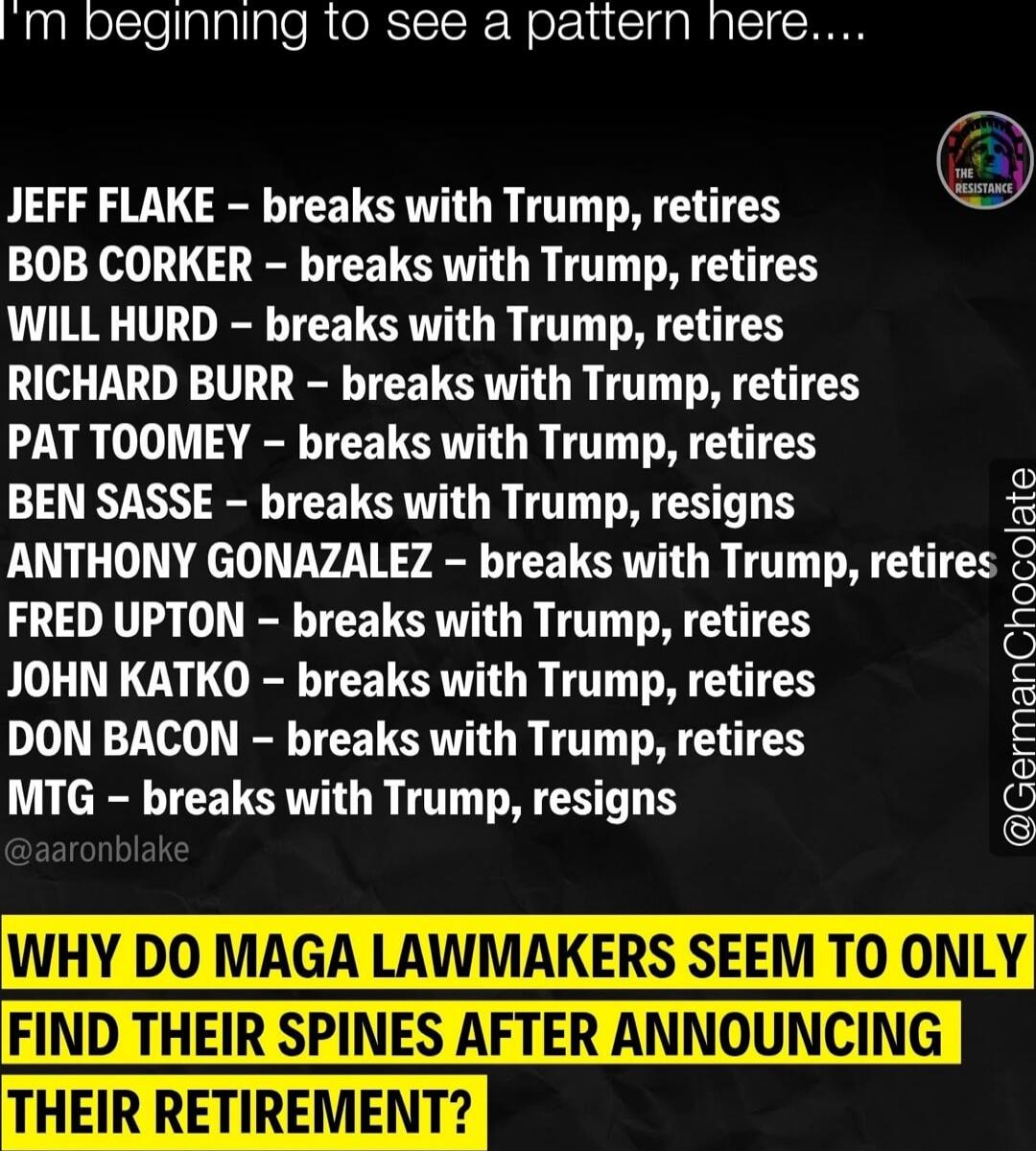 I'm beginning to see a pattern here....
JEFF FLAKE – breaks with Trump, retires
BOB CORKER – breaks with Trump, retires
WILL HURD – breaks with Trump, retires
RICHARD BURR – breaks with Trump, retires
PAT TOOMEY – breaks with Trump, retires
BEN SASSE – breaks with Trump, resigns
ANTHONY GONZALEZ – breaks with Trump, retires
FRED UPTON – breaks with