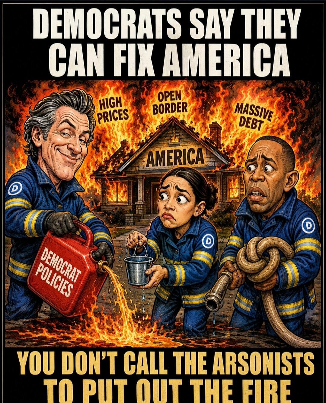 DEMOCRATS SAY THEY CAN FIX AMERICA. HIGH PRICES. OPEN BORDER. MASSIVE DEBT. AMERICA. DEMOCRAT POLICIES. YOU DON'T CALL THE ARSONISTS TO PUT OUT THE FIRE.
