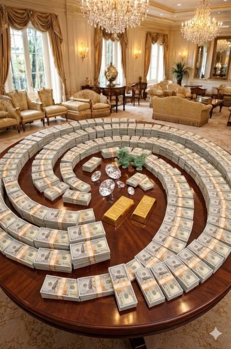 A luxurious room with a large table covered in stacks of US dollar bills, gold bars, and diamonds, arranged in a spiral pattern.